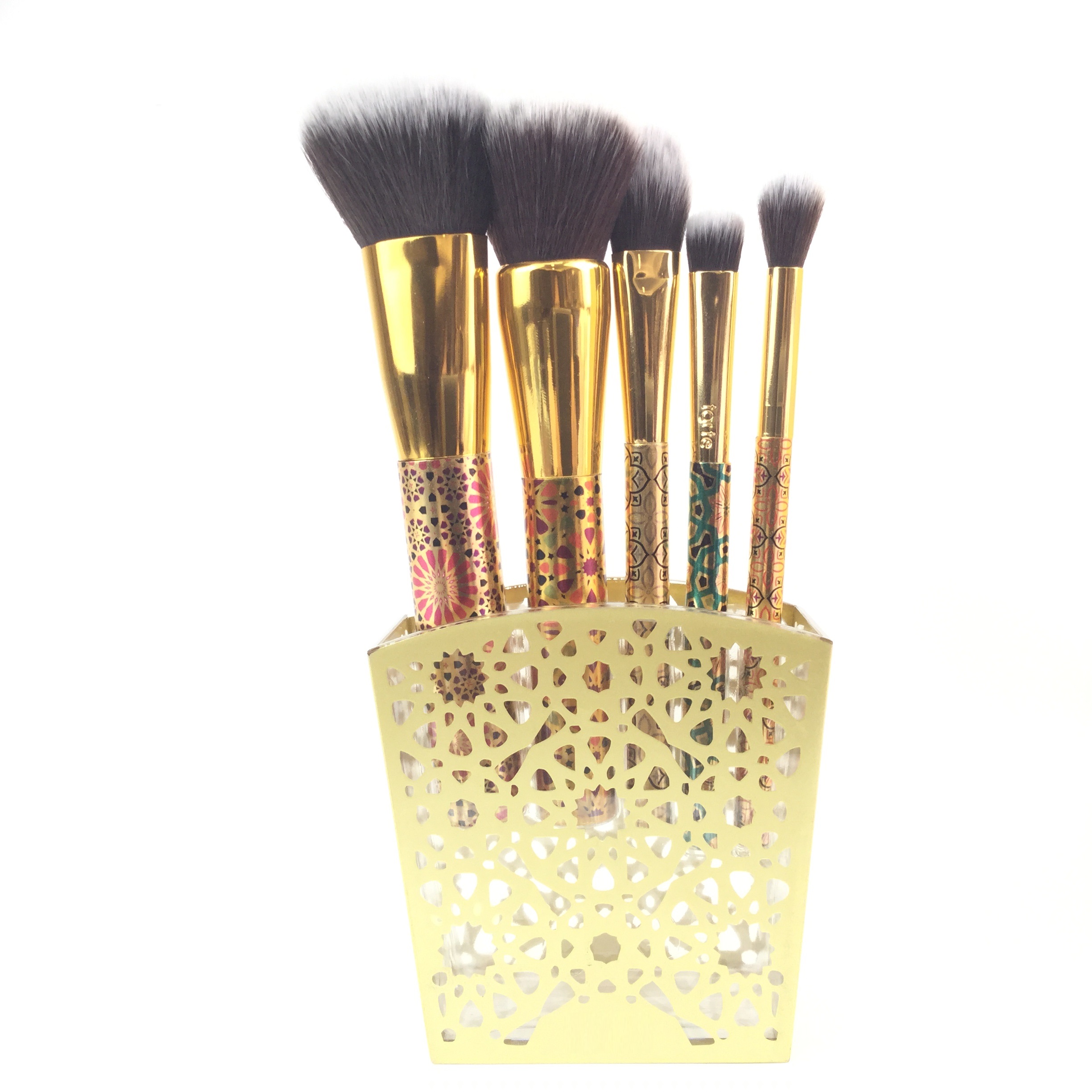 Conjunto de pincel de maquillaje de patrón dorado con soporte (5 PCS)