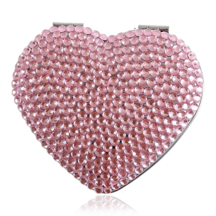 Espejo de bolsillo con marco de metal de cuero PU en forma de corazón